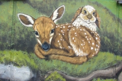 BAMBI och hans vänner i Sagoskogen detalj av muralmålning vid förskola.